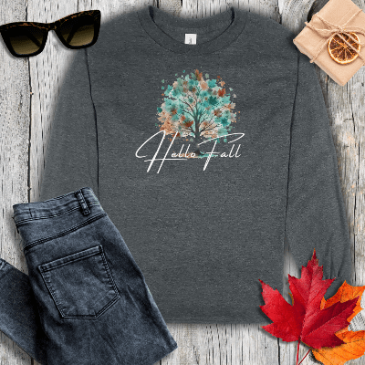 Long-sleeve S / Dark Heather Hello Fall Tree Long Sleeve Tee