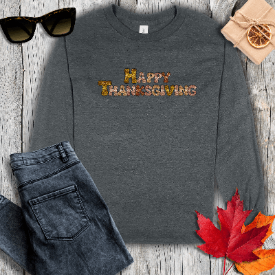 Long-sleeve S / Dark Heather Sequin Happy Thanksgiving Long Sleeve Tee