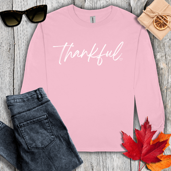 Long-sleeve S / Light Pink Thankful with Heart Long Sleeve Tee