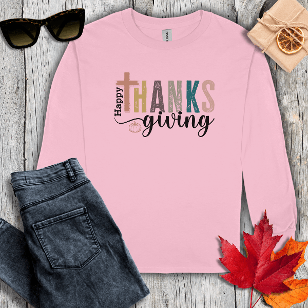 Long-sleeve S / Light Pink Thanksgiving with Cross Long Sleeve Tee