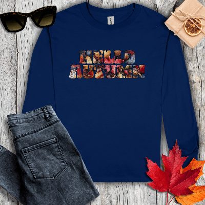Long-sleeve S / Navy Hello Autumn Leaf Inlay Long Sleeve Tee