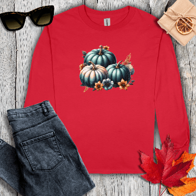 Long-sleeve S / Red Pumpkins and Flowers Long Sleeve Tee