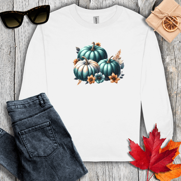 Long-sleeve S / White Pumpkins and Flowers Long Sleeve Tee