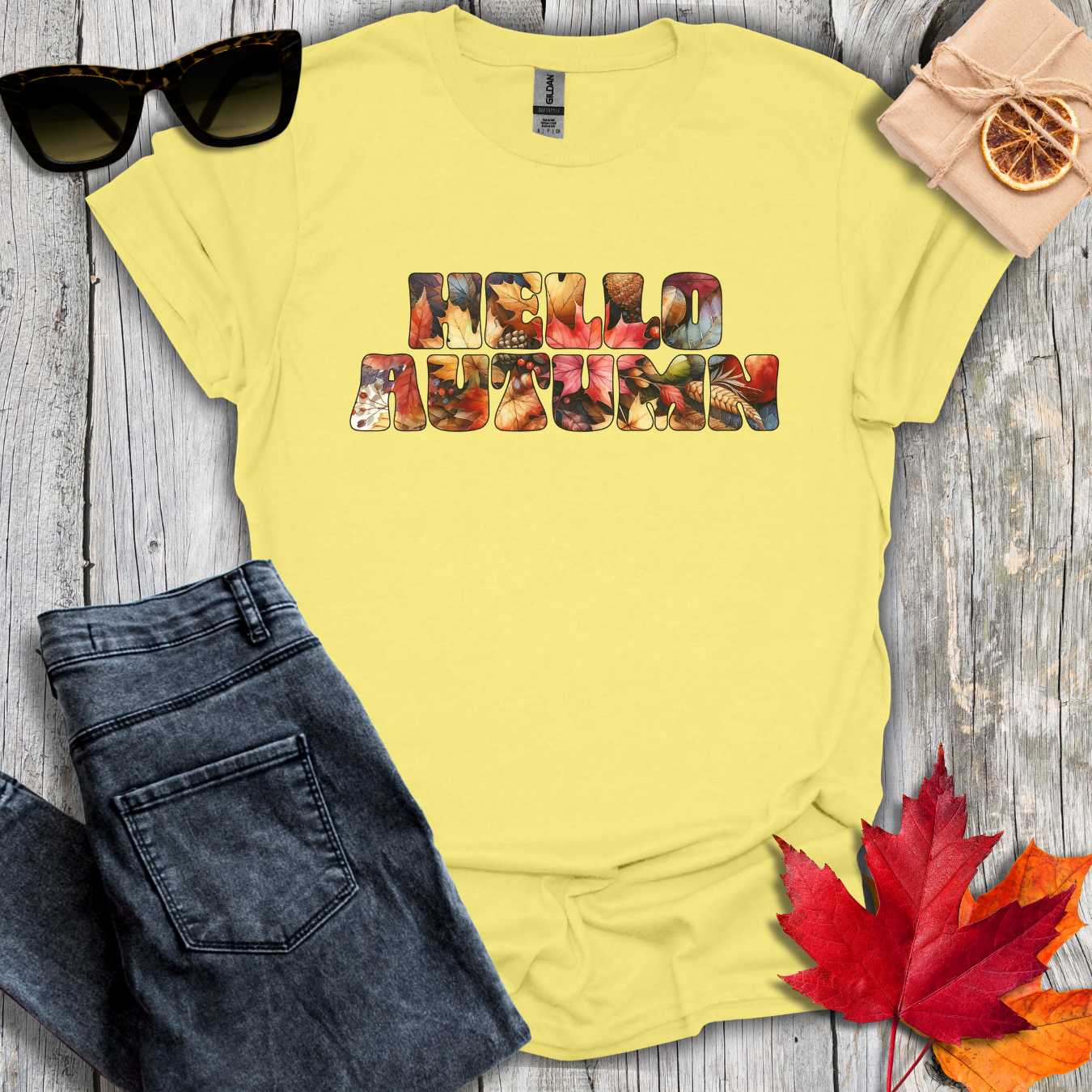 T-Shirt Cornsilk / S Hello Autumn Leaf Inlay Tee