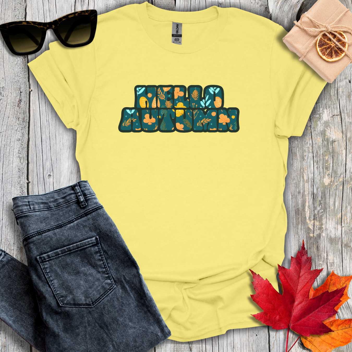 T-Shirt Cornsilk / S Hello Autumn Teal Inlay Tee
