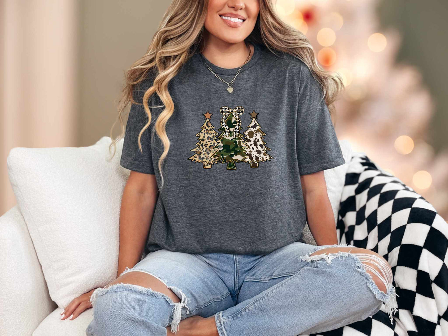 T-Shirt Dark Heather / S Camo Cow Cheetah Christmas Trees Tee