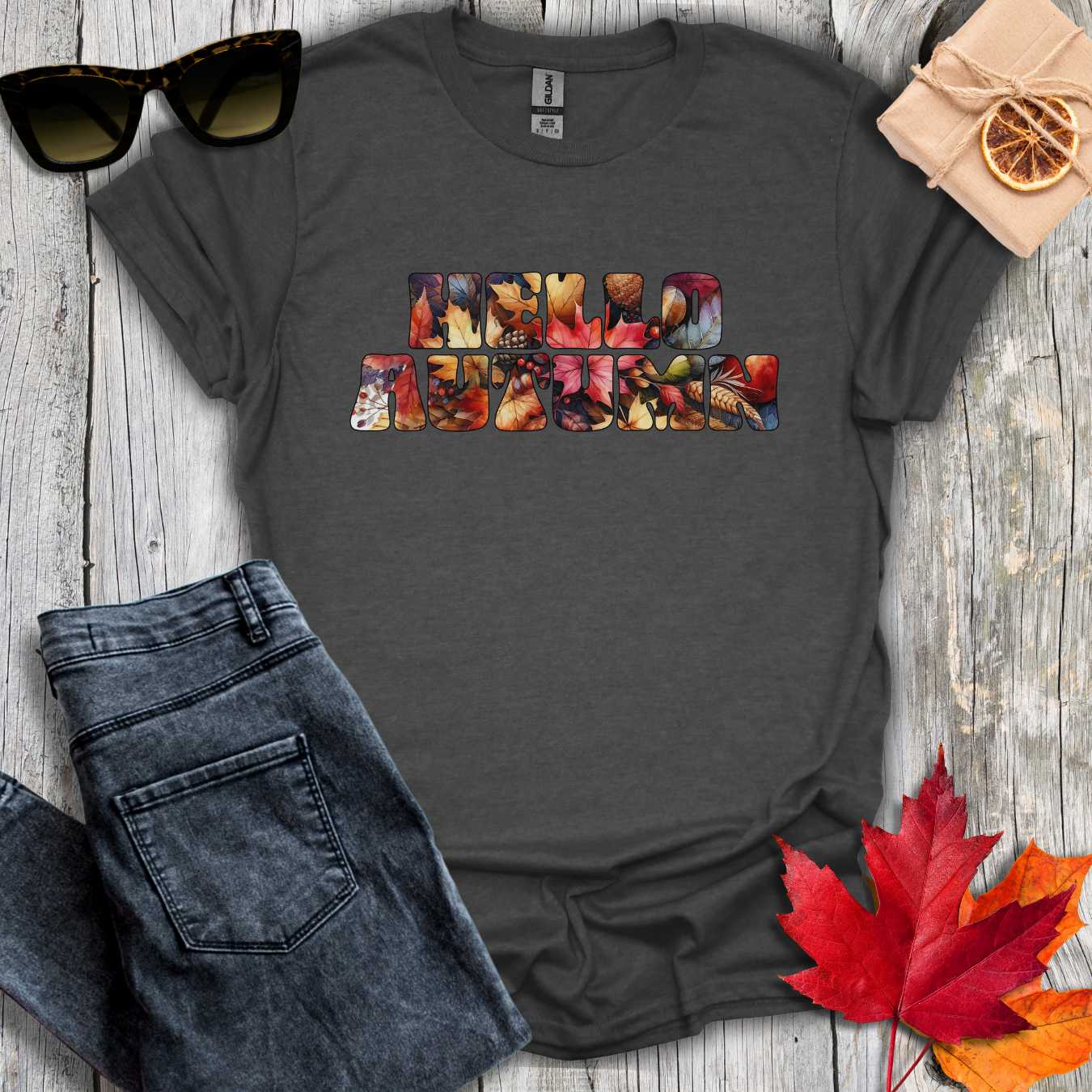 T-Shirt Dark Heather / S Hello Autumn Leaf Inlay Tee