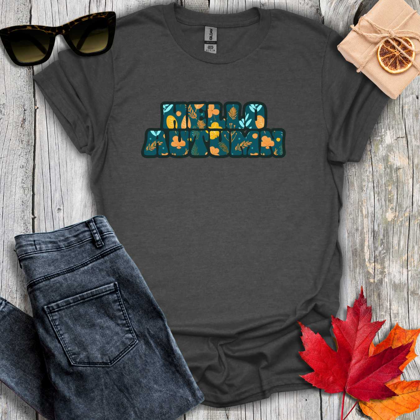 T-Shirt Dark Heather / S Hello Autumn Teal Inlay Tee