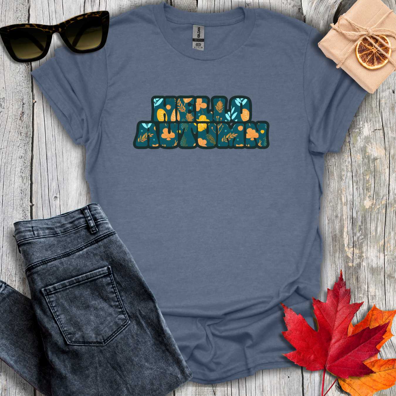 T-Shirt Heather Indigo / S Hello Autumn Teal Inlay Tee
