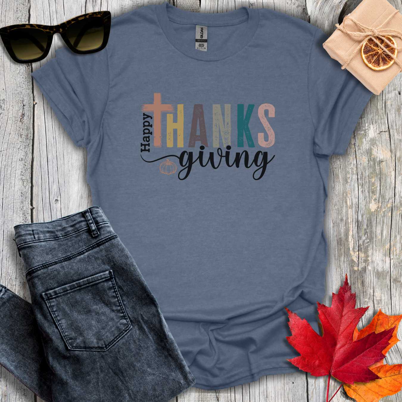 T-Shirt Heather Indigo / S Thanksgiving with Cross Tee