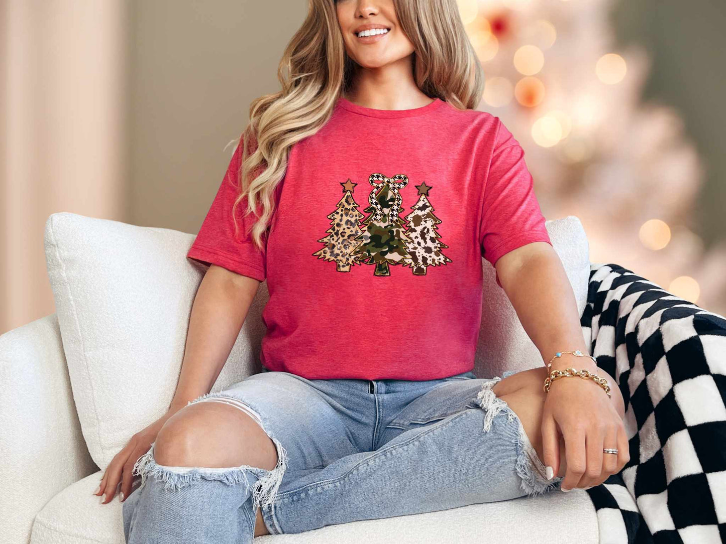 T-Shirt Heather Red / S Camo Cow Cheetah Christmas Trees Tee