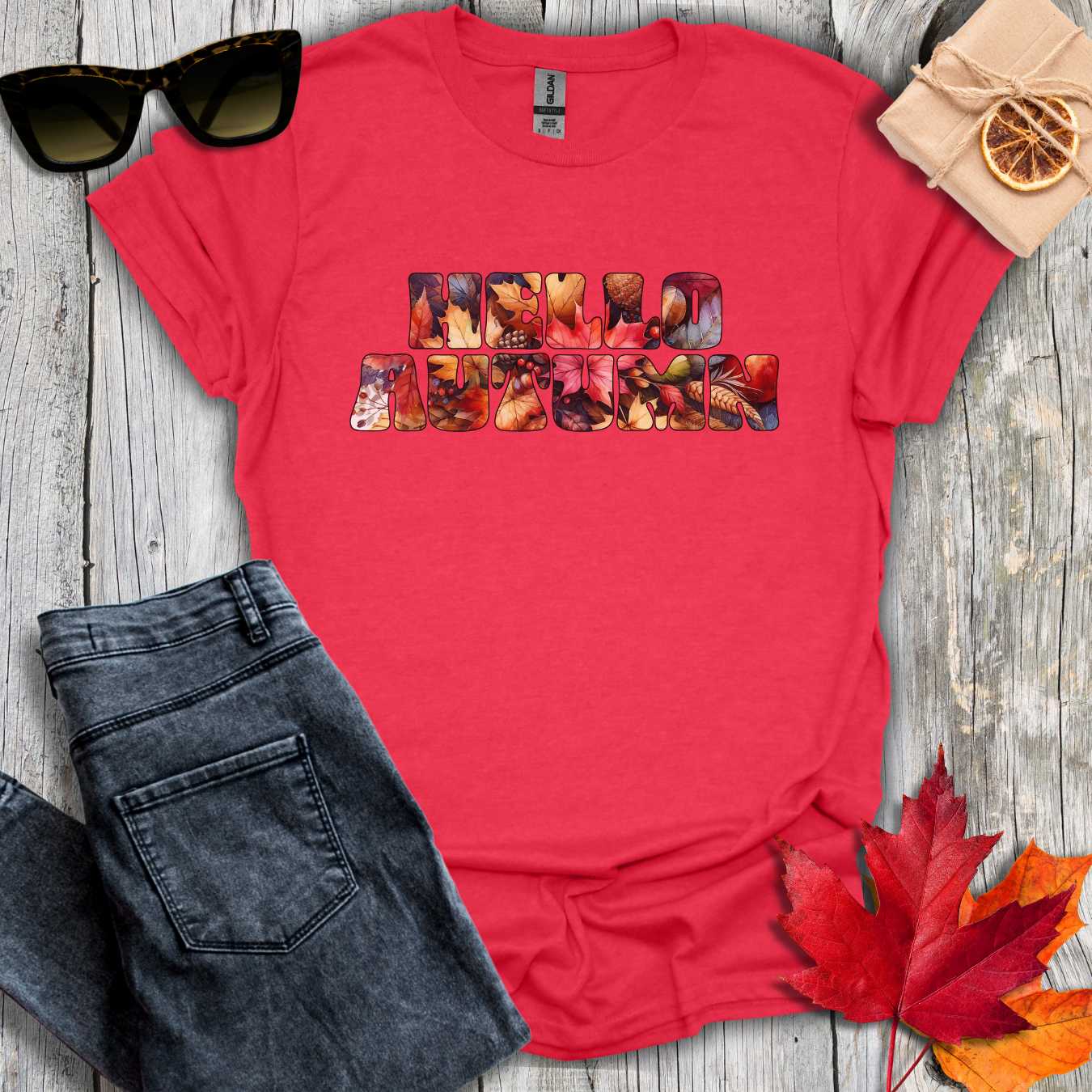 T-Shirt Heather Red / S Hello Autumn Leaf Inlay Tee