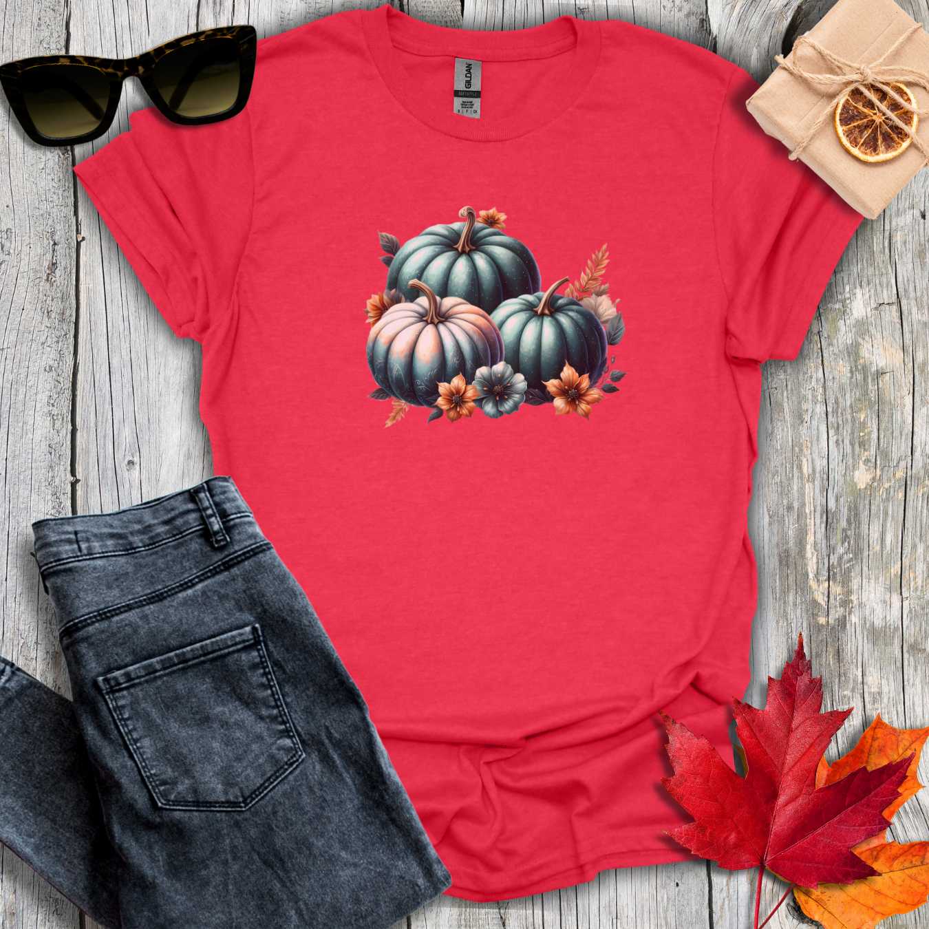 T-Shirt Heather Red / S Pumpkins and Flowers Tee