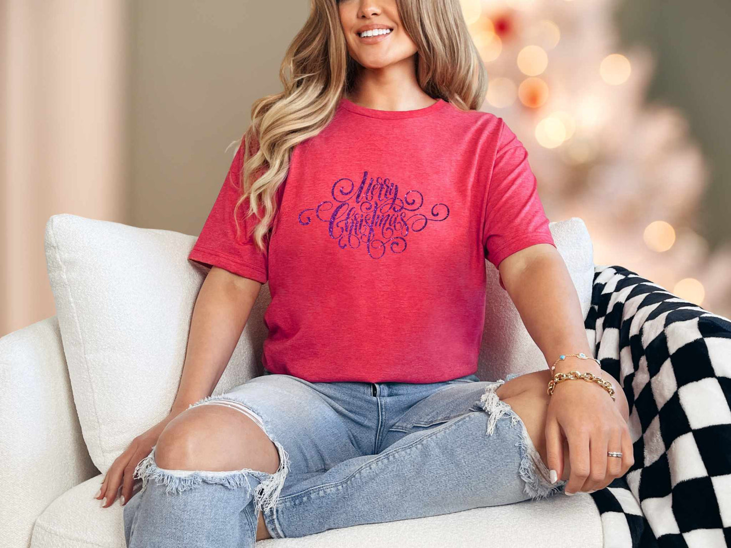 T-Shirt Heather Red / S Purple Glitter Merry Christmas Tee