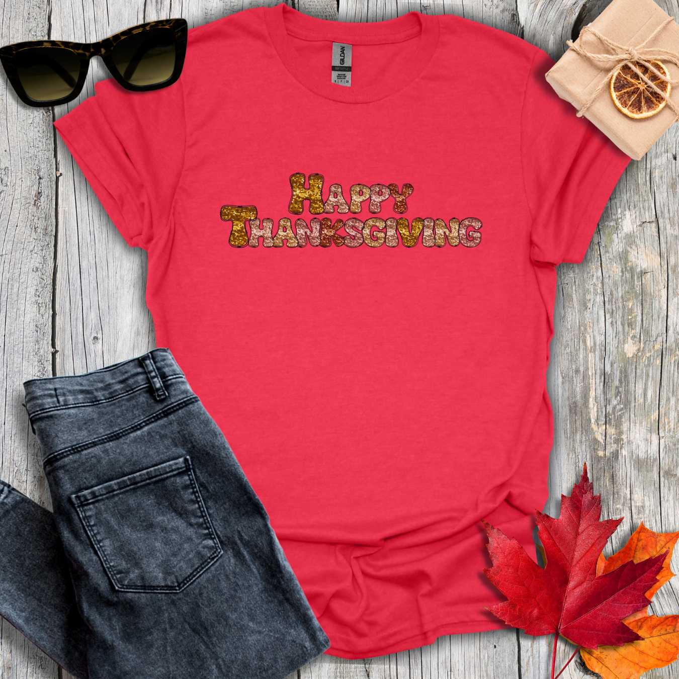 T-Shirt Heather Red / S Sequin Happy Thanksgiving Tee