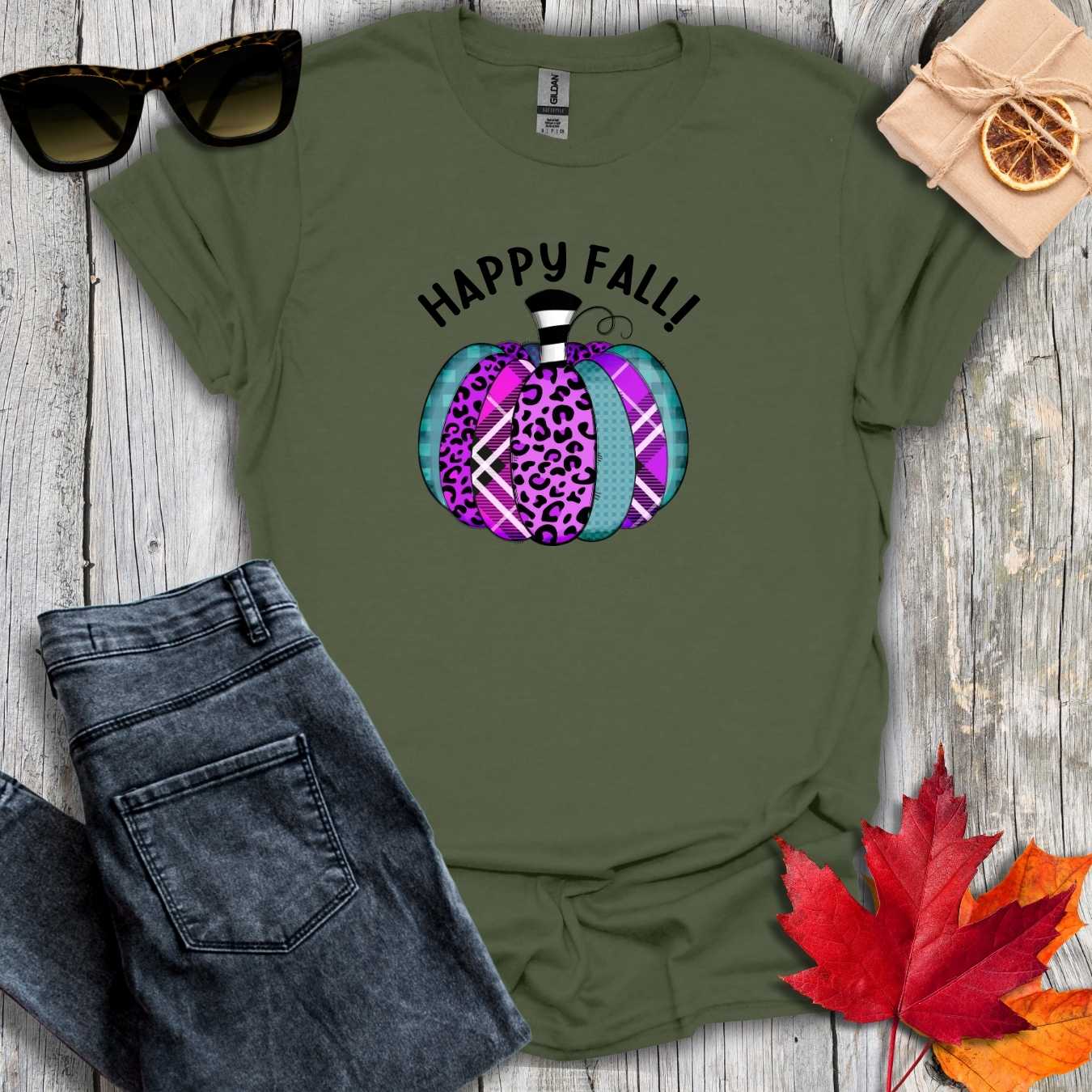T-Shirt Military Green / S Happy Fall Purple Cheetah Tee