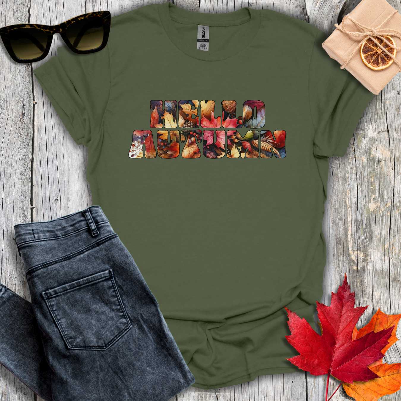 T-Shirt Military Green / S Hello Autumn Leaf Inlay Tee