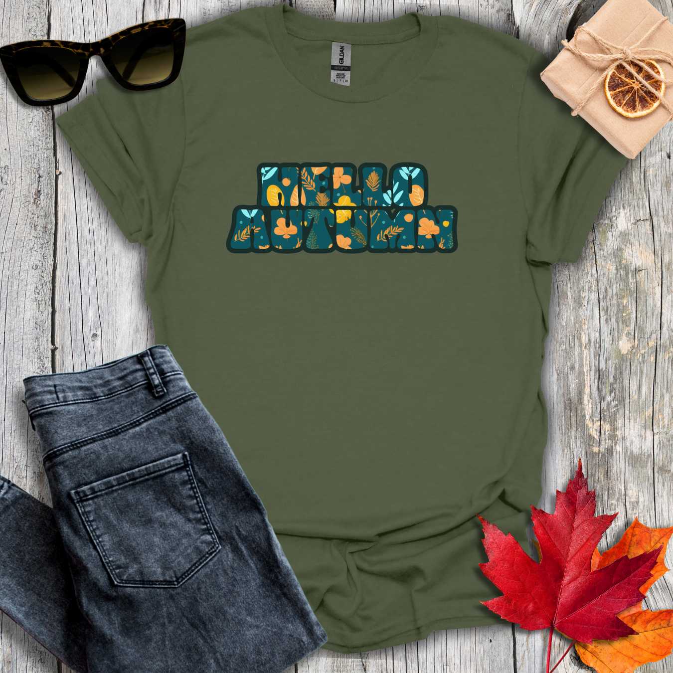 T-Shirt Military Green / S Hello Autumn Teal Inlay Tee