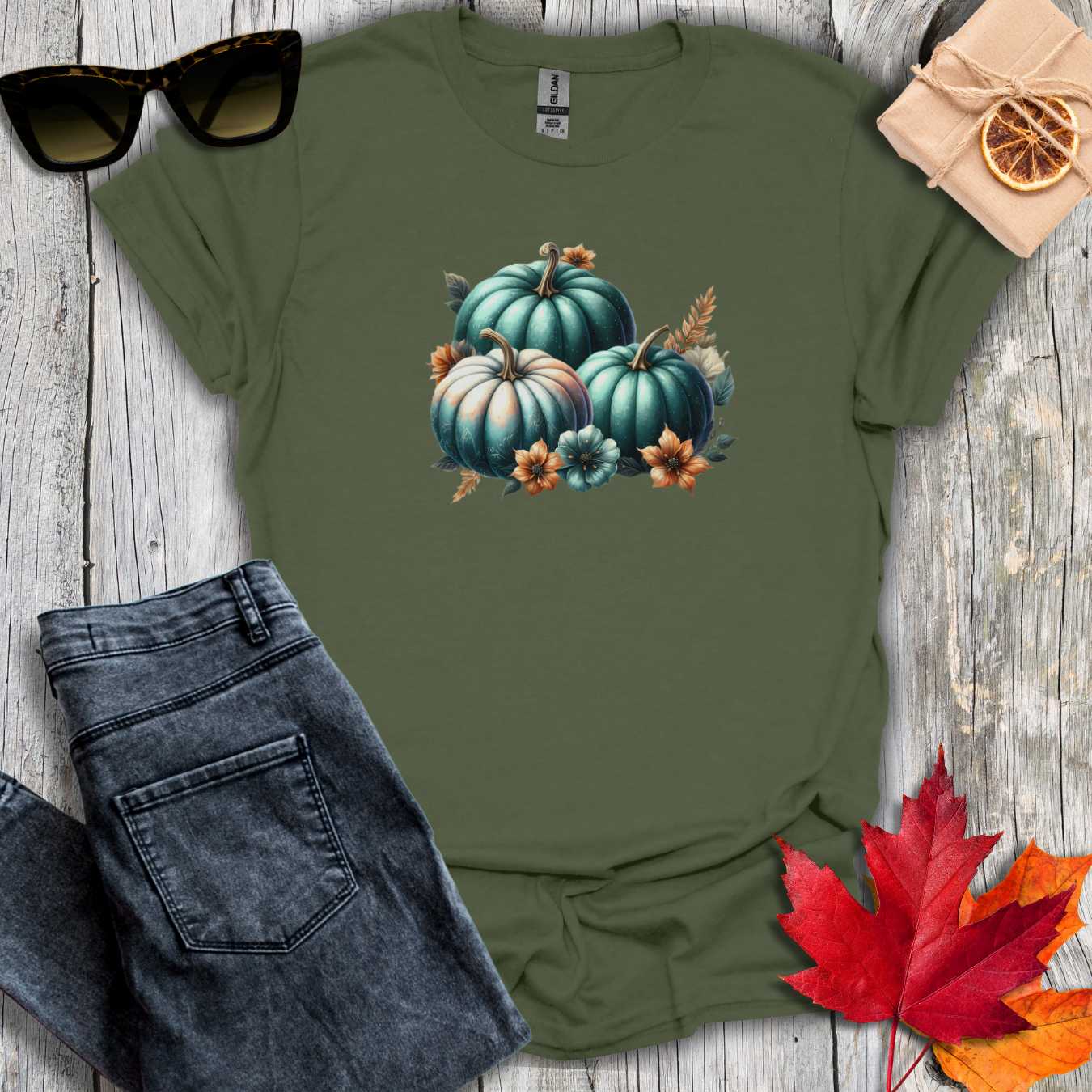 T-Shirt Military Green / S Pumpkins and Flowers Tee