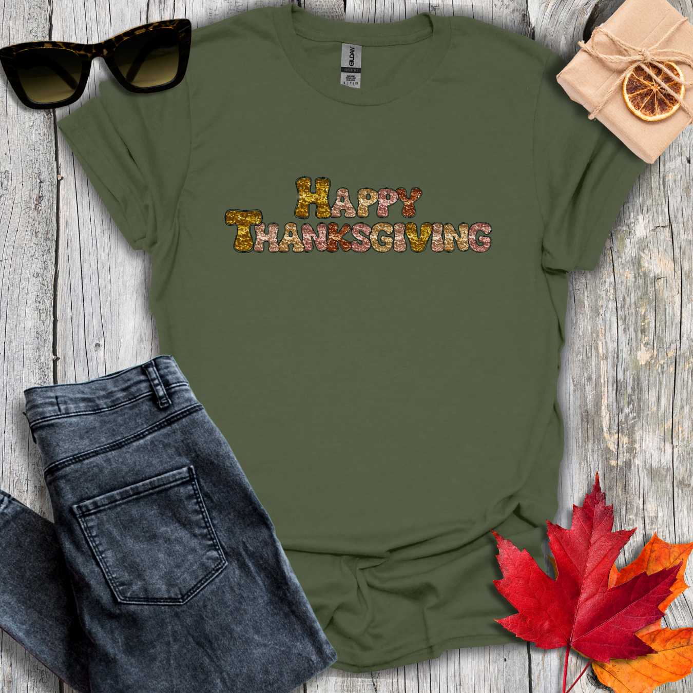 T-Shirt Military Green / S Sequin Happy Thanksgiving Tee