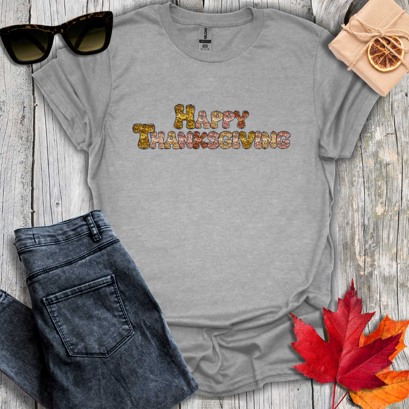 T-Shirt Sport Grey / S Sequin Happy Thanksgiving Tee