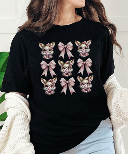 T-Shirt Black / S Coquette Easter Pattern Bow and Bubble Gum Tee