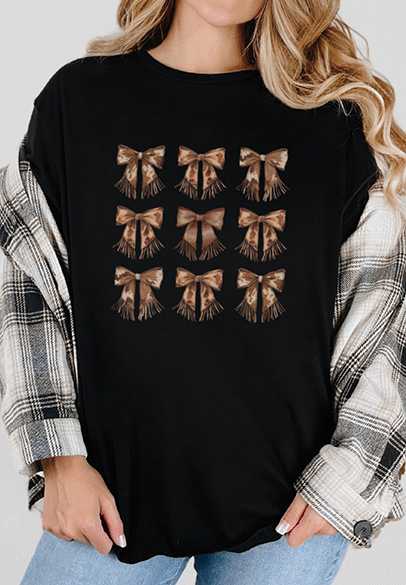 T-Shirt Black / S Cow Print Coquette Bow Pattern Tee