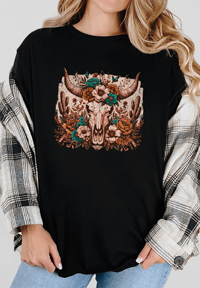 T-Shirt Black / S Distressed Longhorn with Flowers Tee