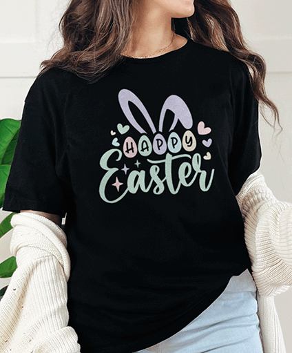 T-Shirt Black / S Happy Easter Bunny Ears and Eggs Tee