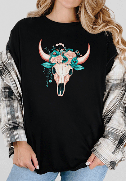 T-Shirt Black / S Long Horn With Flowers Tee