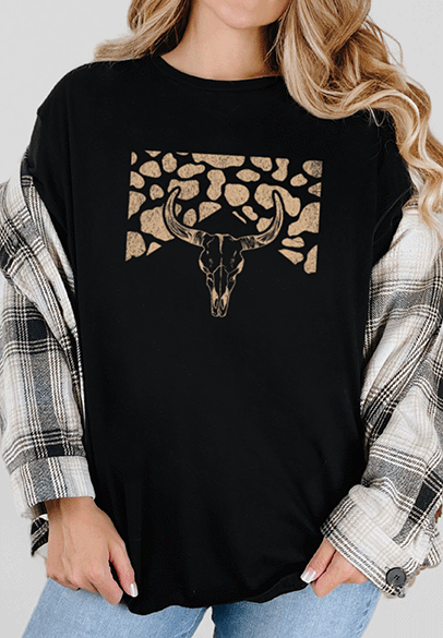 T-Shirt Black / S Tan Longhorn with Cow Print Tee
