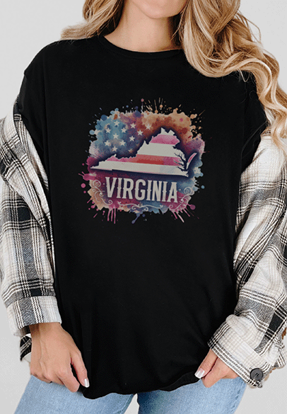T-Shirt Black / S Virginia with Watercolor and American Flag Short SleeveTee