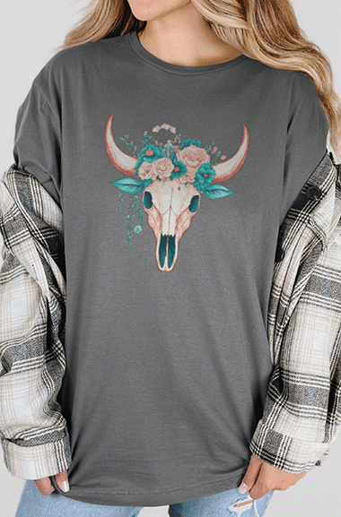 T-Shirt Charcoal / S Long Horn With Flowers Tee