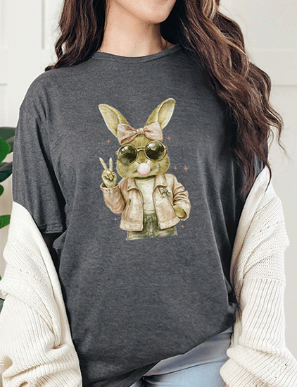 T-Shirt Dark Heather / S Bunny Blowing Bubble Gum Peace Sign Tee