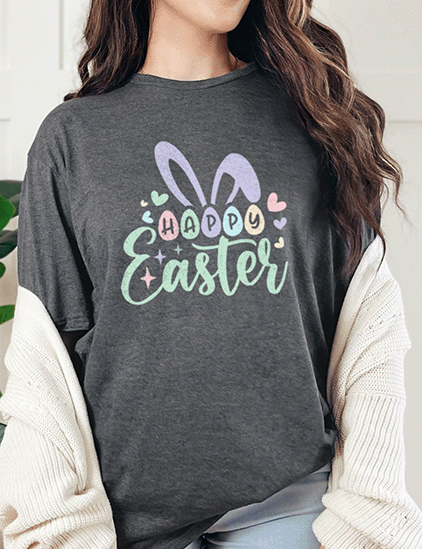 T-Shirt Dark Heather / S Happy Easter Bunny Ears and Eggs Tee