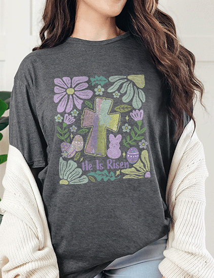 T-Shirt Dark Heather / S He Is Risen With Brushstroke Cross and Flowers Tee
