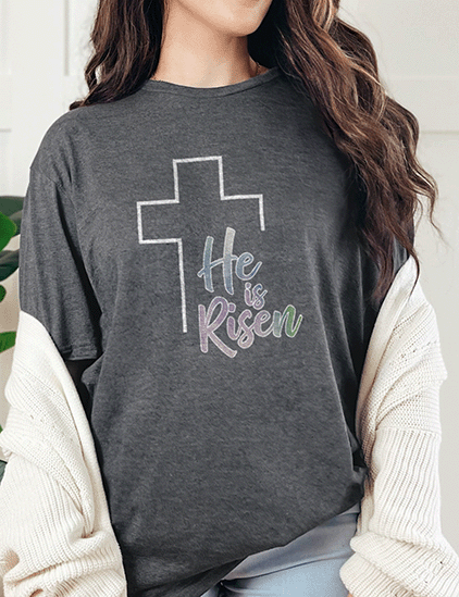 T-Shirt Dark Heather / S He is Risen with Cross Tee