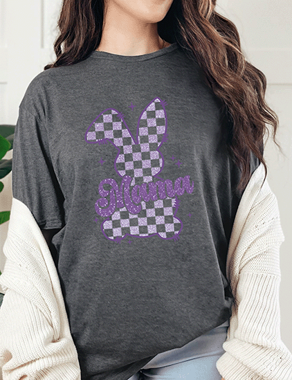 T-Shirt Dark Heather / S Mama Purple Sparkle Checkered Bunny Tee