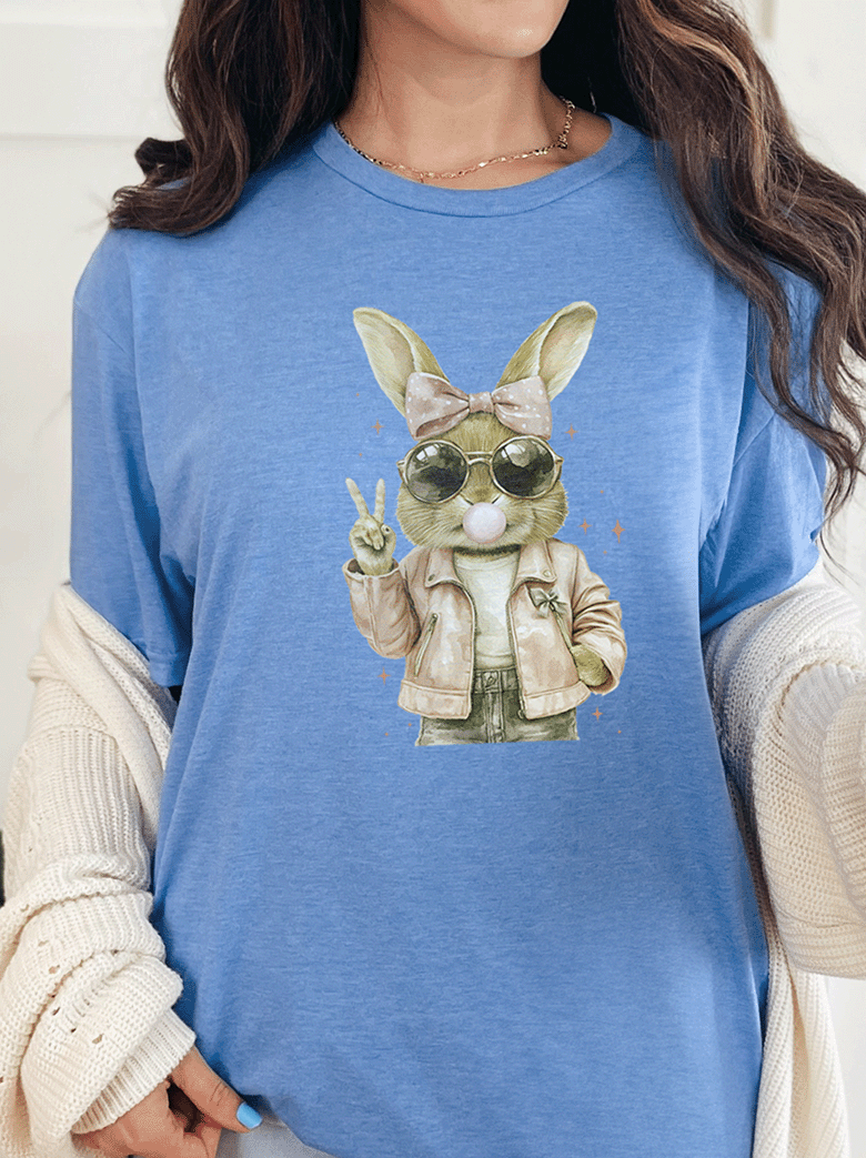 T-Shirt Heather Royal / S Bunny Blowing Bubble Gum Peace Sign Tee