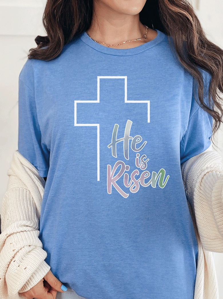 T-Shirt Heather Royal / S He is Risen with Cross Tee