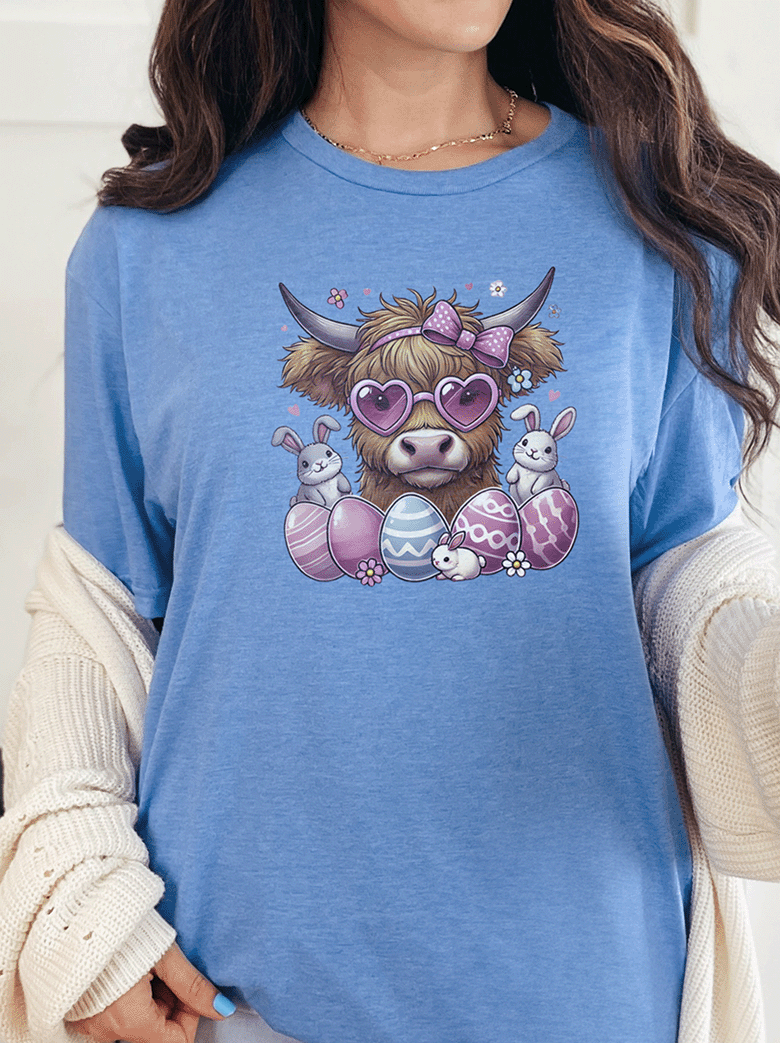 T-Shirt Heather Royal / S Highland Cow Easter Bunnies Tee