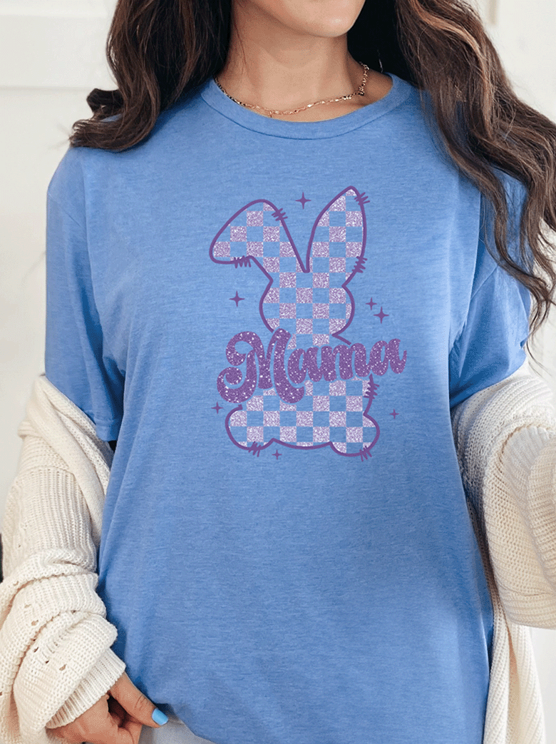 T-Shirt Heather Royal / S Mama Purple Sparkle Checkered Bunny Tee