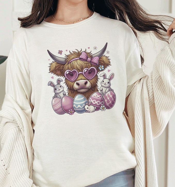 T-Shirt Highland Cow Easter Bunnies Tee