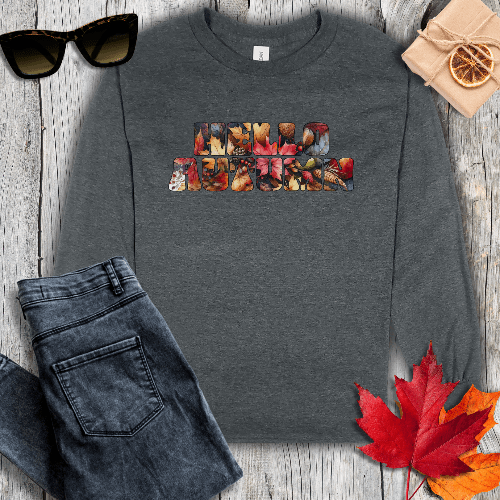 Long-sleeve S / Dark Heather Hello Autumn Leaf Inlay Long Sleeve Tee