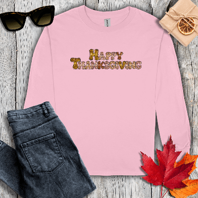 Long-sleeve S / Light Pink Sequin Happy Thanksgiving Long Sleeve Tee