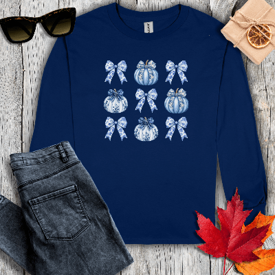 Long-sleeve S / Navy Coquette Pumpkin Pattern Long Sleeve Tee