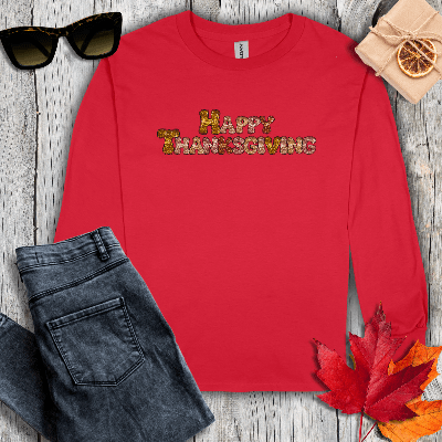 Long-sleeve S / Red Sequin Happy Thanksgiving Long Sleeve Tee