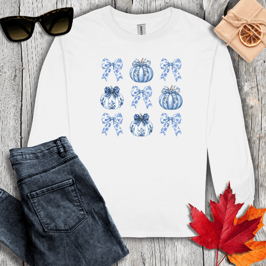 Long-sleeve S / White Coquette Pumpkin Pattern Long Sleeve Tee
