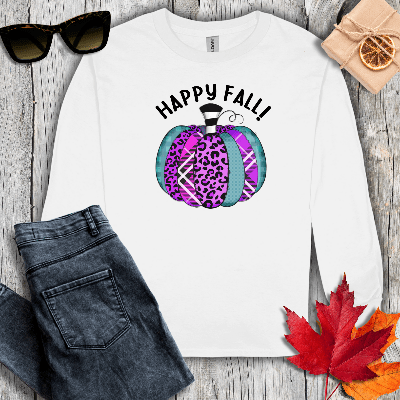 Long-sleeve S / White Happy Fall Purple Cheetah Long Sleeve Tee