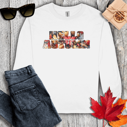 Long-sleeve S / White Hello Autumn Leaf Inlay Long Sleeve Tee